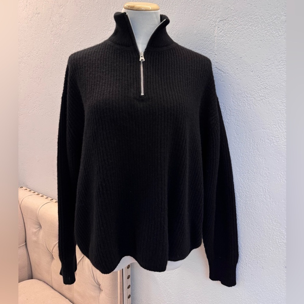 Jenni Kayne Half Zip Cashmere Sweater Black Pullover Ribbed Knit Mock EUC Size L - Picture 2 of 11